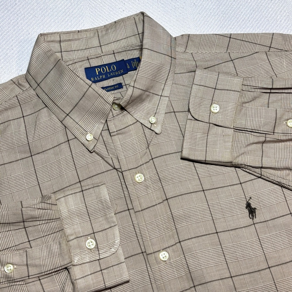 Polo Ralph Lauren Button Down Shirt Mens Large Brown Glen Plaid Classic Fit Pony